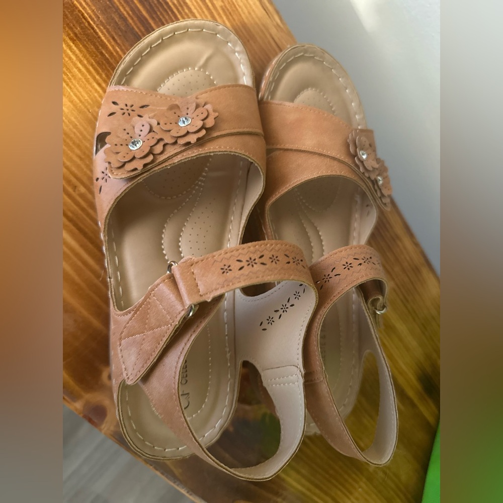 Women's Tan Sandals with Floral Accents
